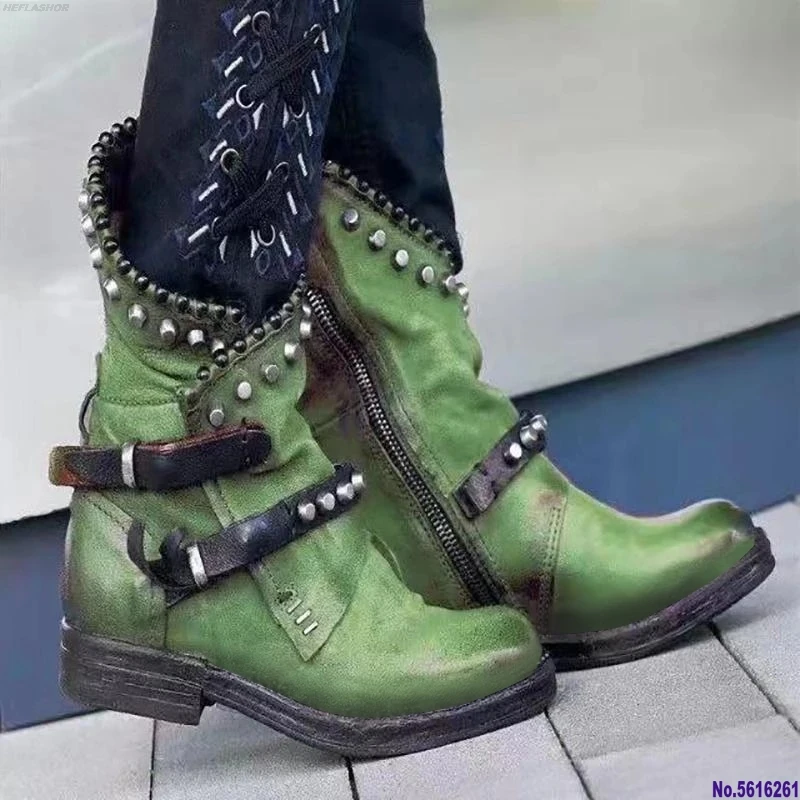 Vogue Retro Rivet Motorcycle Boots Women Leather Ankle Boots Nice Gothic Autumn Buckle Low Heel Short Boot Cowboy Shoes