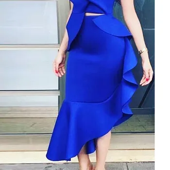 

Fashion Solid Ruffle Party Two Piece Suit Women Sexy Sleeveless Crop Tops And Mermaid Skirts Sets Bodycon Outfits