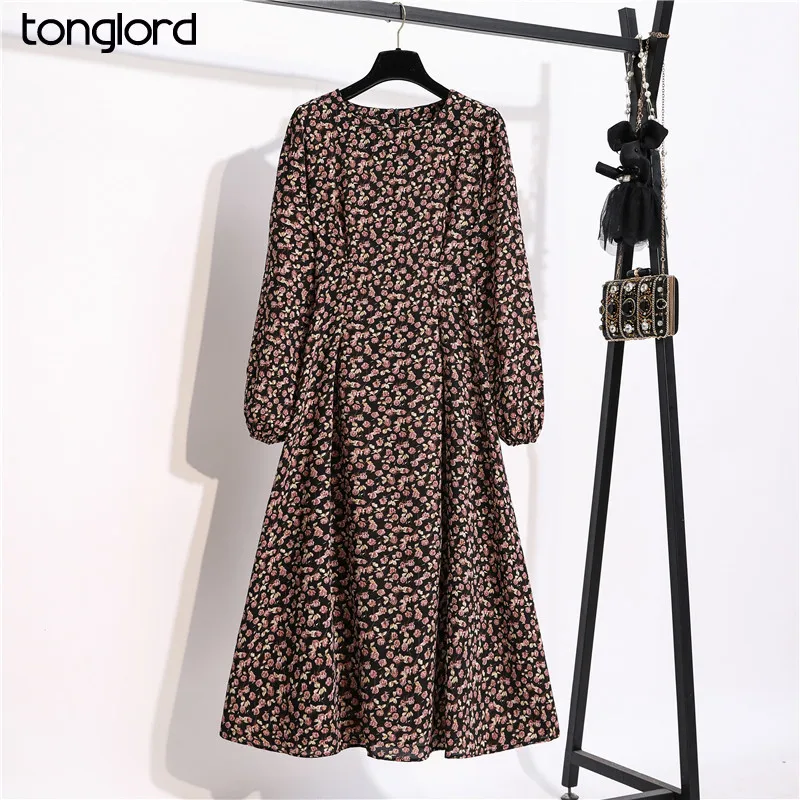 Tonglord 2020 New Floral Printed Chiffon Dress Women Autumn Spring Long-sleeved O-Neck High Waist Long Dresses Female Vestidos