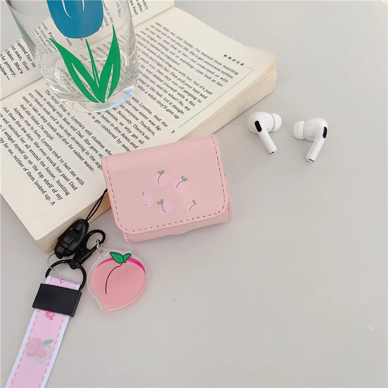 Charlie Коричневый чехол для Airpods Pro из искусственной кожи Bluetooth чехол для наушников Air pods 3 милый защитный чехол с ремешком на руку - Цвет: Peach