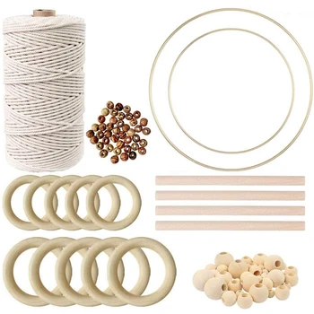 

Macrame Rope Kit for Starter m Cotton Macrame Cord with Wooden Beads,Wooden Sticks,Metal Rings,For Plant Hangers Craft