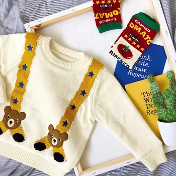 

Tonytaobaby Winterwear New Baby Fake Belt Clips Bear Embroidered Knit Sweater Plus Velvet