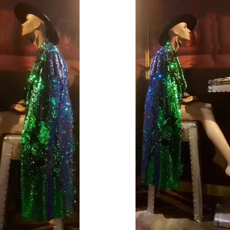 Знаменитостей женщин Полный блесток длинное пальто Bling тяжелая работа с длинным рукавом отложным воротником женские Подиумные вечерние пальто с пайетками
