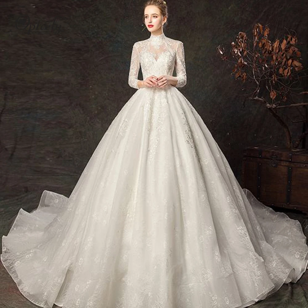 

Optcely Appliques Beaded Court Train Princess Bridal Gowns 2019 Wedding Dress Romantic High Neck Three Quarter Luxury Ball Gown