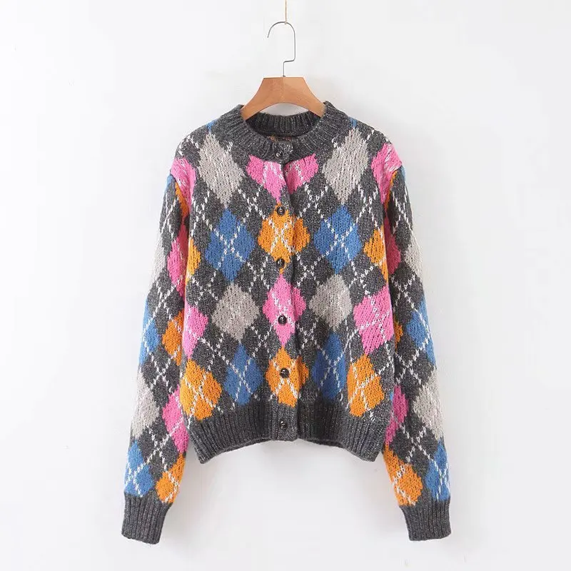 Gray AQOIA Argyle, длинный рукав, женский кардиган, пуговка, Вязанный плед, толстый женский свитер, пальто,, модная зимняя женская одежда - Цвет: Gray
