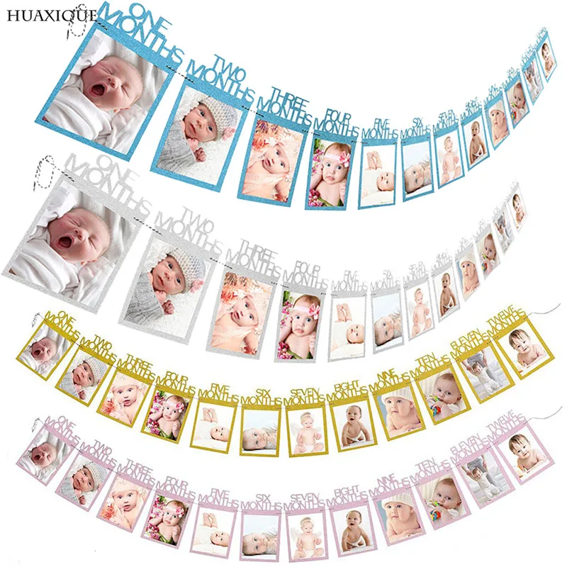 

1 комплект наряд для первого дня рождения баннер 12 месяцев с детскими фото Baby Shower Бумага Гирлянда для мальчиков и девочек 1st День рождения Декор цветы, растения и цветы