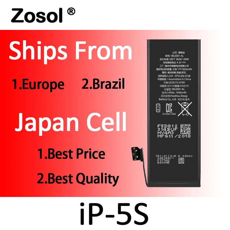 10 шт./лот Zosol AAA оригинальная качественная литиевая батарея для Apple iPhone 5S оригинальные сменные батареи Внутренняя батарея для телефона