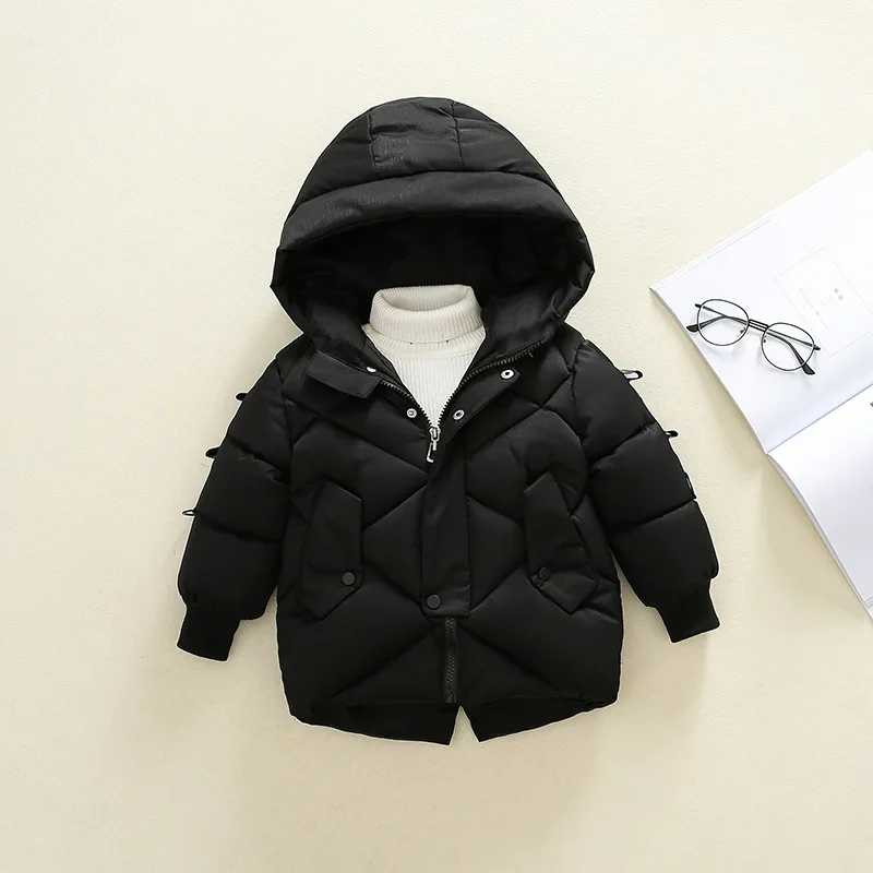 Детские пальто; зимняя куртка для девочек и мальчиков; зимнее пальто для детей; теплое пальто из плотного бархата с капюшоном для малышей; верхняя одежда - Цвет: Черный