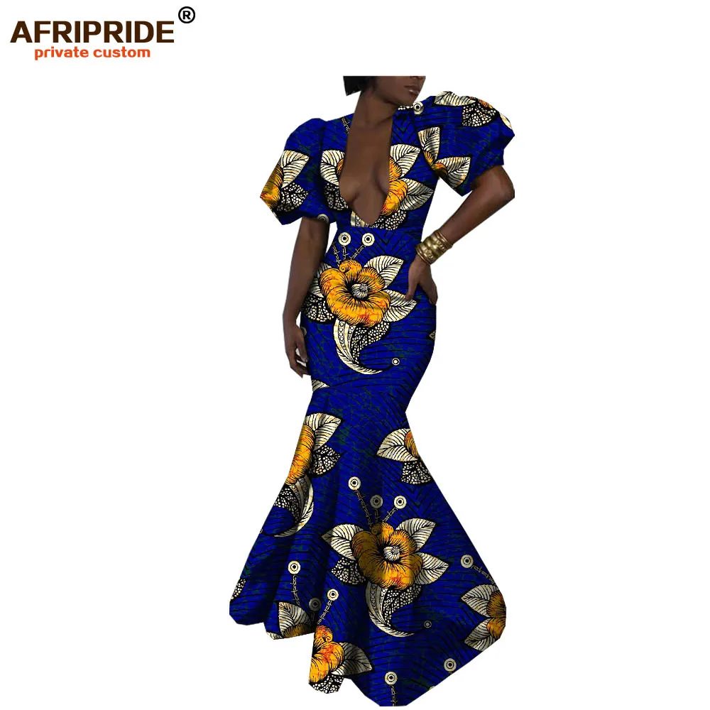 Африканское Макси женское платье AFRIPRIDE с коротким пышным рукавом с глубоким v-образным вырезом длинное, узкое повседневное хлопковое женское платье A1825044 - Цвет: 537