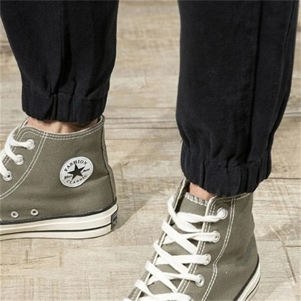 EH·MD® Elastic Waist Tie Jeans Men's Binding Feet High Elasticity Large Size Embroidered Word Art 3D Double Line Pants Thick New