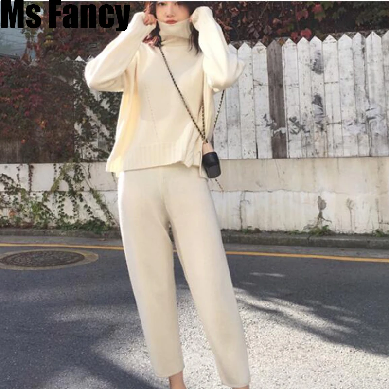 

2019 Autumn Women Knitted Two Piece Solid Color Turtleneck long Sleeve Pullover Sweater Knitted Pants Casual Wear