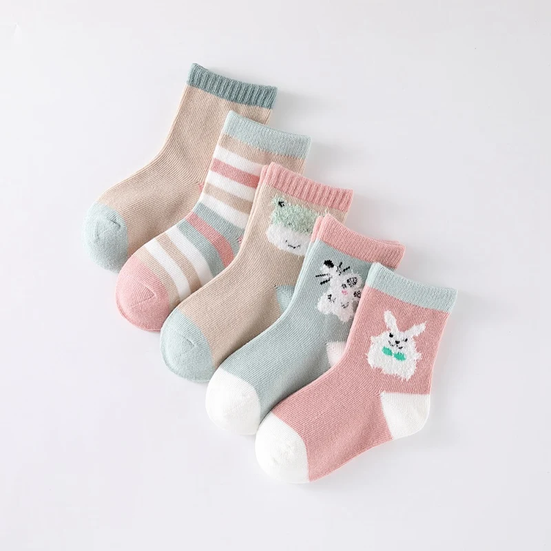 5 пар носков для маленьких мальчиков и девочек, Осенний теплый комплект носков с рисунками животных, теплые хлопковые гетры