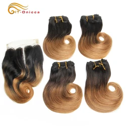 Short Curly Human Hair Bundles Brazilian Hair Weave Bundle With Closure 4 Bundles Ombre Bundles With 4x4 Closure T1B 30 27 30