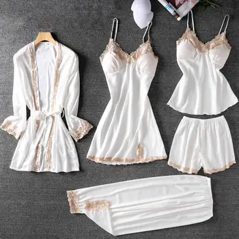 

Satin 5PCS Robe Suit Kimono Gown Silky Female Nightdress Intimate Lingerie Casual Sleepwear Nightwear Sexy Bathrobe Homewear