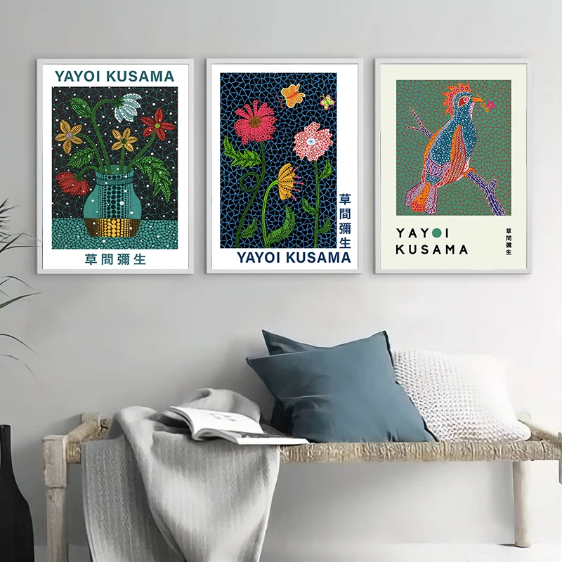 Giapponese Yayoi Kusama Fiori Mostra Poster E Stampe Galleria Immagini Per Pareti Immagini Zucca Tela Pittura Soggiorno Decor