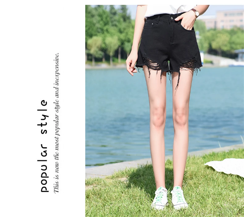 359# черные Рваные джинсовые шорты для фотосессии, женские летние свободные трапециевидные шорты в Корейском стиле с высокой талией для похудения