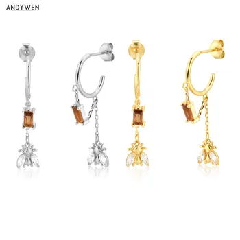 

ANDYWEN 925 Sterling Silver Gold Chain Bees Honey Pendiente Piercing Drop Earring Winter Wedding Fashion Party Jewelry For Women