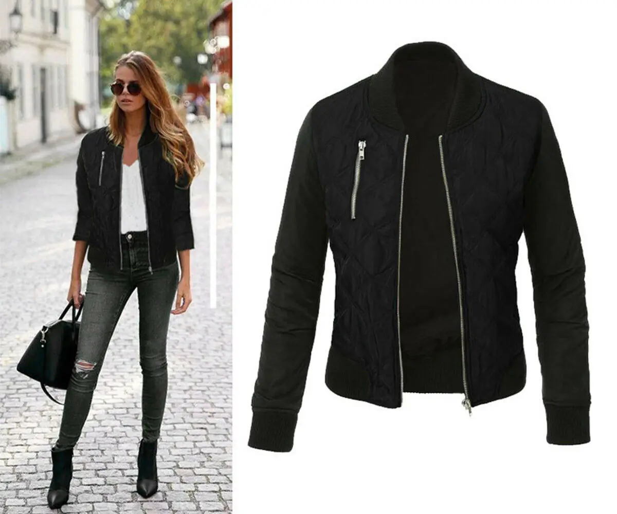 

Womens Clothes 2019 Winter Retro Slim Ladies 100% Cotton Jacket Coat Zip Up Biker Casual Tops S-3XL