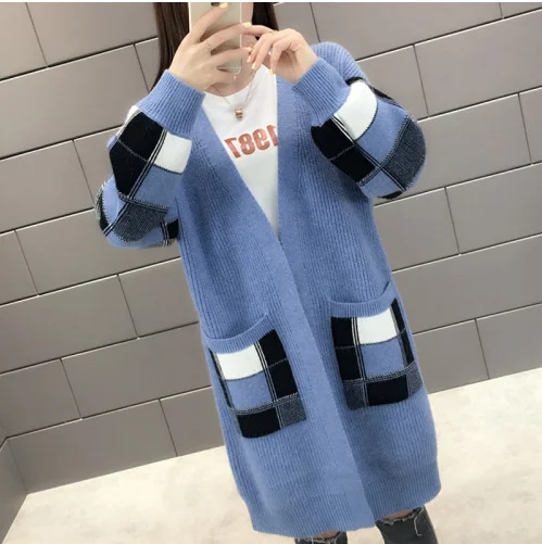 Blue Оверсайз длинные женские зимние куртки длинный кардиган свитер вязаный свободный осенний с v-образным вырезом модное молодежное популярное плотное пальто - Цвет: Blue