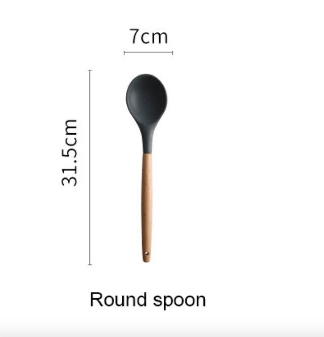 round soup spoon Силиконовые кухонные инструменты Наборы для приготовления пищи суповая ложка лопатка антипригарная лопата с деревянной ручкой специальная термостойкая конструкция - Цвет: round soup spoon