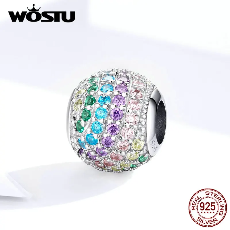 WOSTU, 925 пробы, серебряные, радужные круглые бусины, красочные, циркон, шарм, подходит для оригинального браслета, подвеска, серебро 925, ювелирные изделия BKC1355