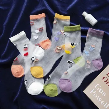 

Ultra-Thin Transparent Love Heart Cute Socks Embroidery Glass Lace Silk Socks Women Harajuku Sexy Korean Style Design