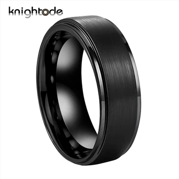 

8mm Mens Black Ring Tungsten Carbide Wedding Band Brushed Stepped edges Finish Comfort Fit