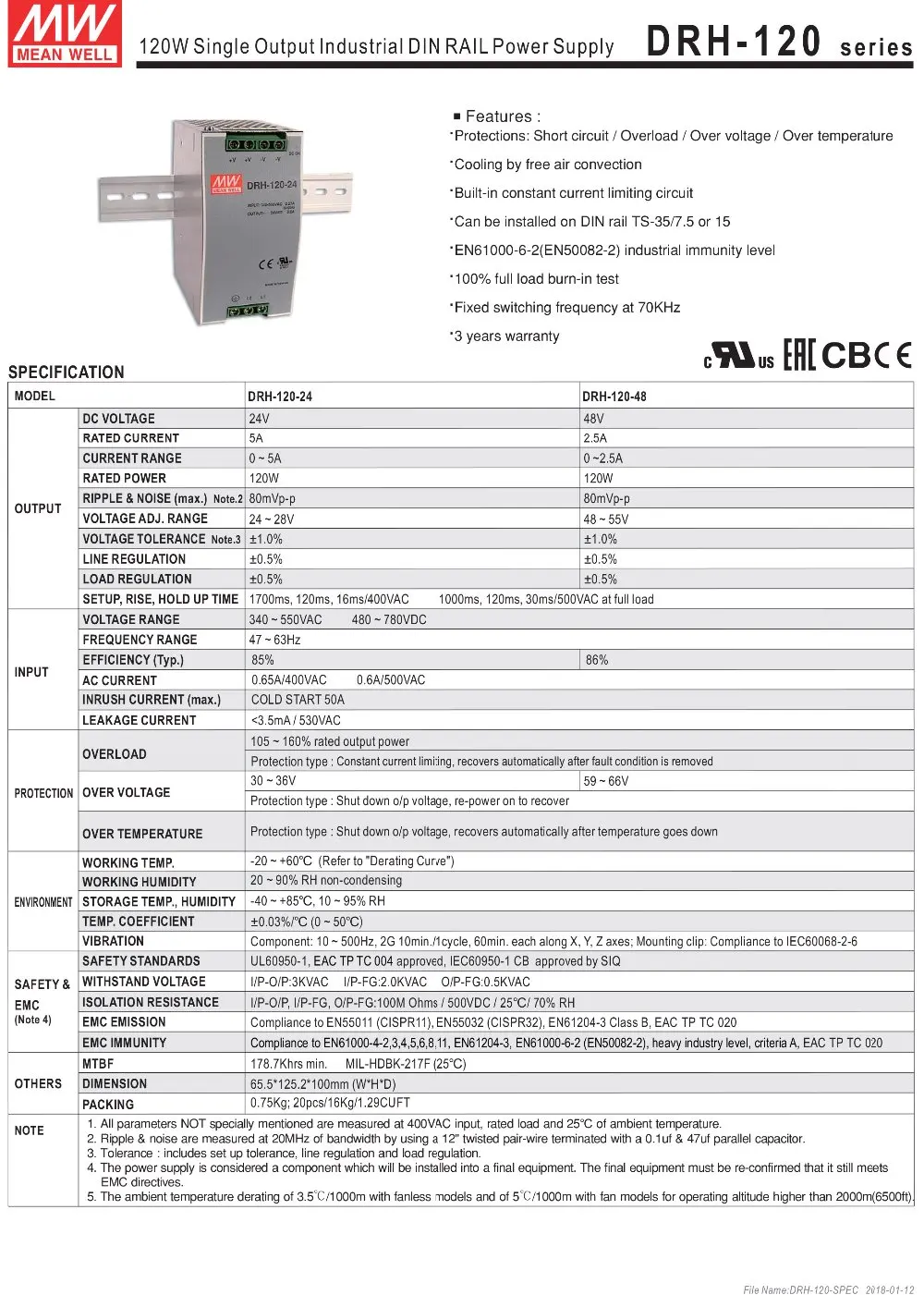 Mean Well DRH-120-48 meanwell DC 48V 2.5A 120W одиночный выход Импульсный промышленный din-рейку источник питания