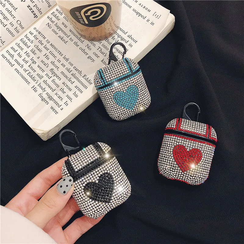 glitter shiny diamond heart fashion bluetooth wireless headphone cover for apple airpods 1/2 charging case