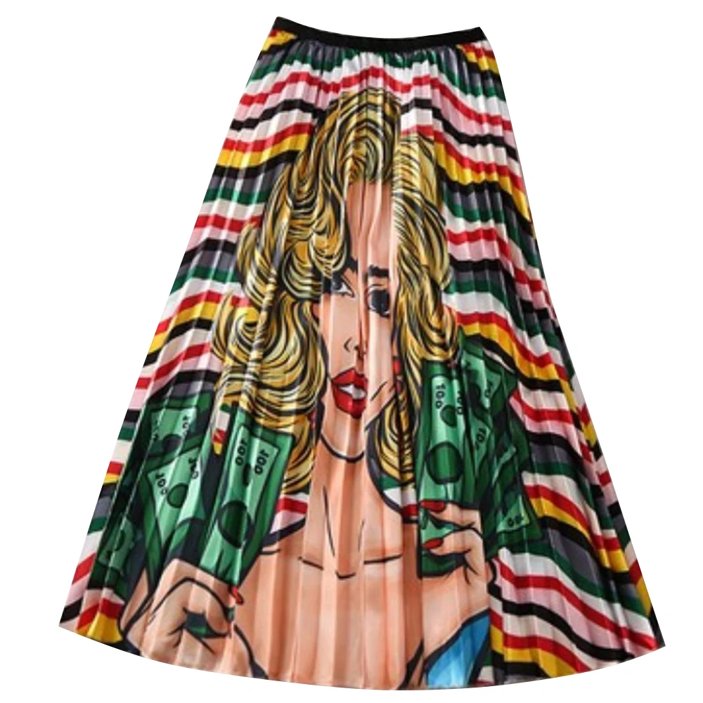 Юбки женские модные Плиссированные Длинные юбки с мультяшным принтом для девочек в Корейском стиле г. Новые женские юбки с абстрактным рисунком jupe femme одежда D30