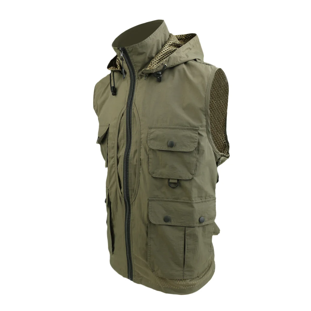 Multi-Pocket Breathable Mesh Vest Detachable Hat Life-Saving Fishing Vest for Fishing Hunting Photography 