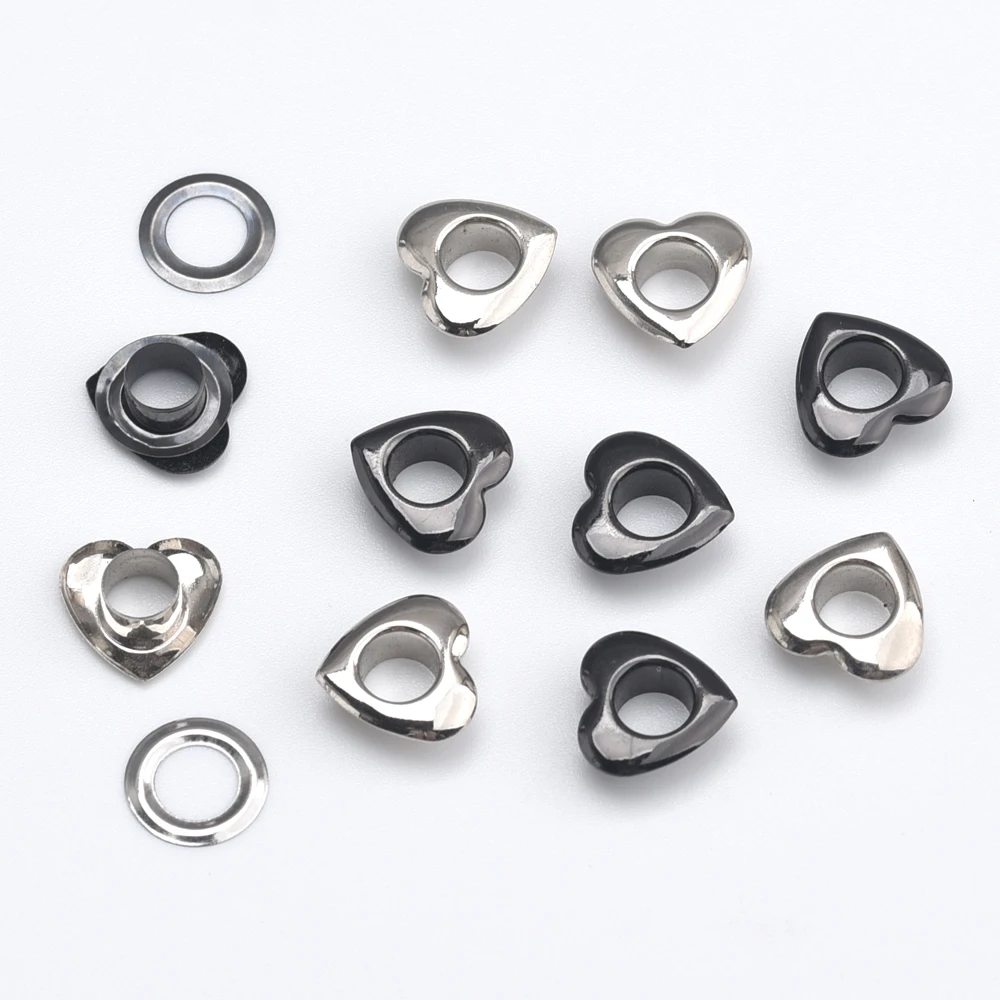 200sets/Lot Inner Hole 6mm Metal Brass Eyelets +Washer HEART Shape Grommets Fix Tool Shiny Silver/Black Nickle JY-005