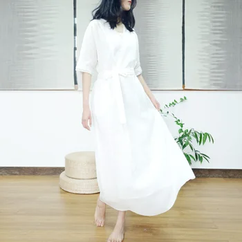 

long Dress female 2020 spring and summer new ramie diagonal fresh literary lace cotton and linen women's dress S794