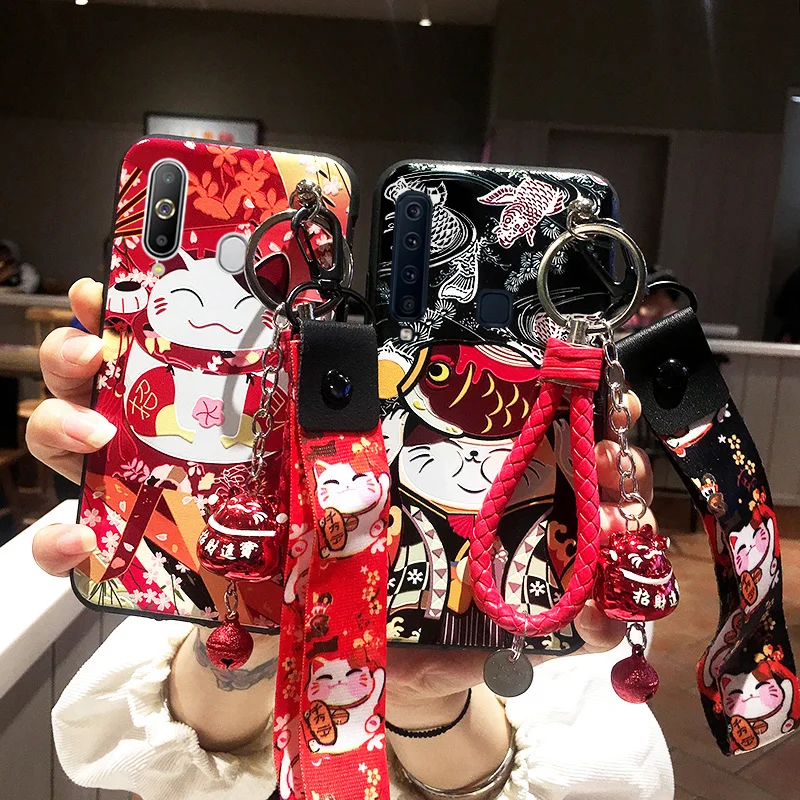 SAM Note 10 pro Cute Lucky Cat Case Relief Fortune back cover For Sansung S7 edge S8 S9 S10 S11 note5/8 /9 /10 case+Straps |