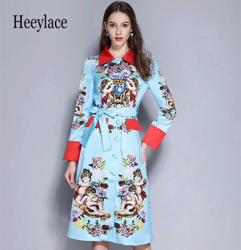 

2019 Spring Runway Hit Color Angel Hydrangea Long Trench Coat Women Elegant Belt Overcoat Floral Print Casual Outerwear Abrigos