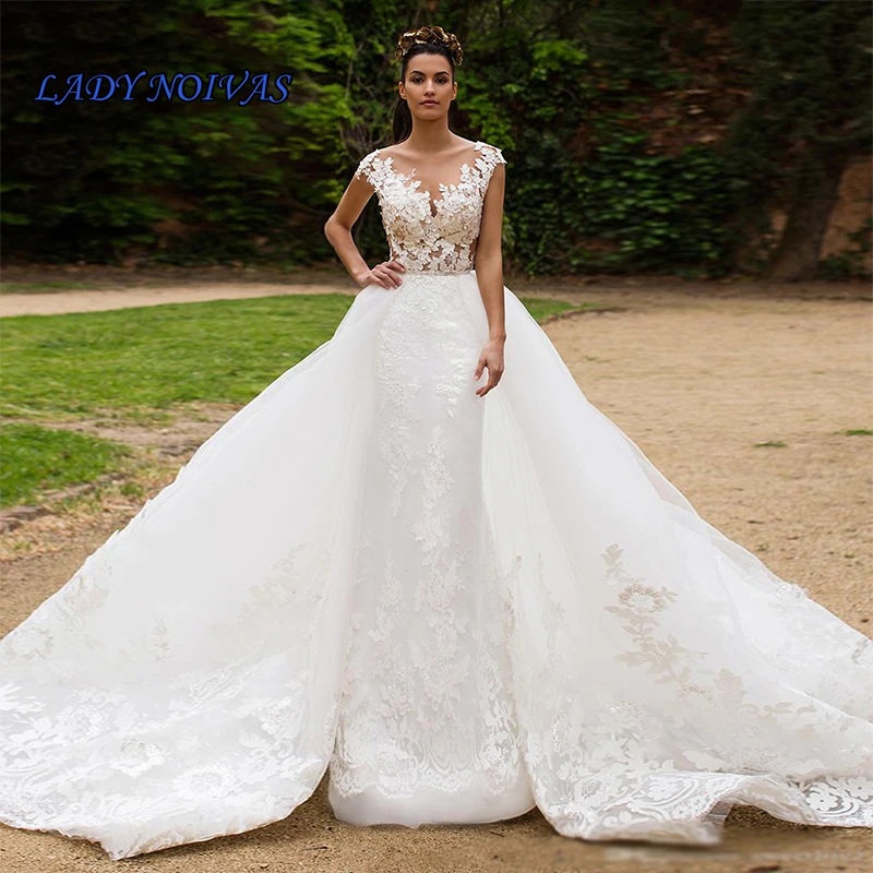 

Robe De Mariee Illusion Back Mermaid Wedding Dress Detachable Train 2 in 1 Bride Dress 2019 2 em 1 Wedding Gowns Bride Dresses