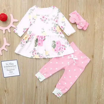 

Korean version Baby Girl Clothes Set Long sleeve Floral O neck Tops Dress Pants Dot Leggings Outfits yenidogan newk giyim