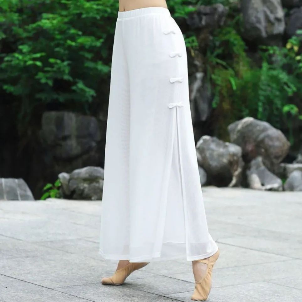 Women Pants Chinese Style Performance White Black Classical Dance Practice Clothes Kawaii Cute Trousers Wide Leg Elastic Waist