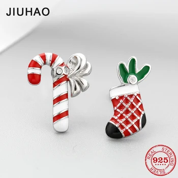 

High quality 925 Sterling Silver Christmas Earrings Candy cane and Stocking Red small Enamel Studs Earrings fashion jewelry 2018