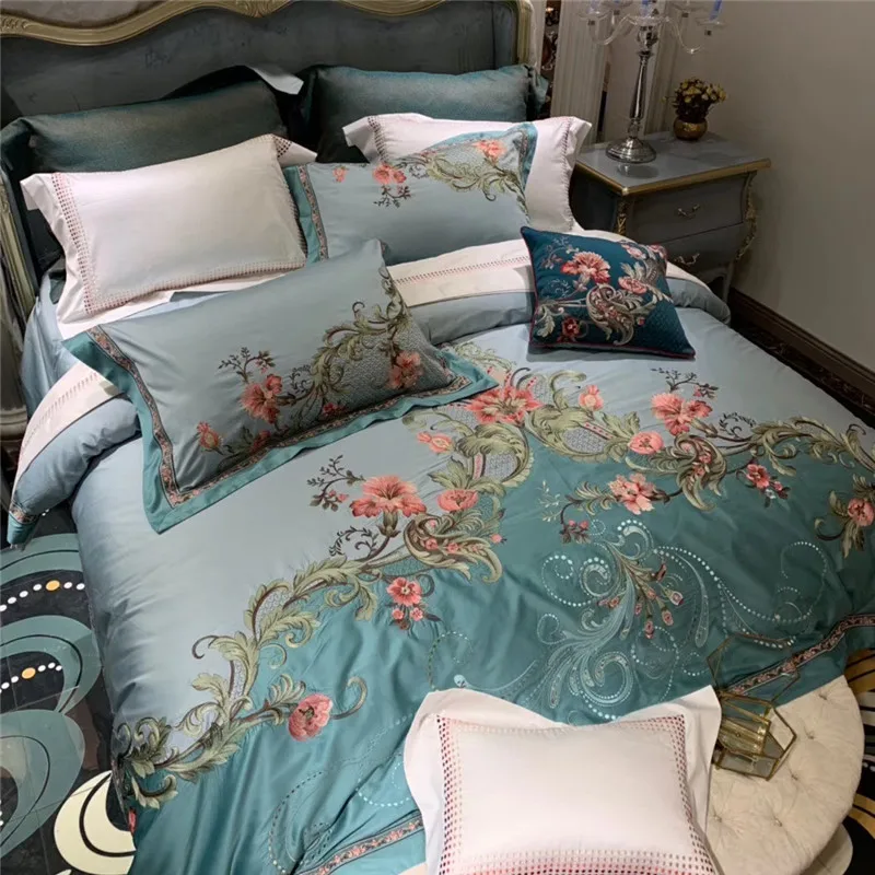

Luxury Green Premium 1000TC Satin Egyptian Cotton Chinese Style Flowers Embroidery Bedding set Duvet Cover Bed Linen Pillowcases