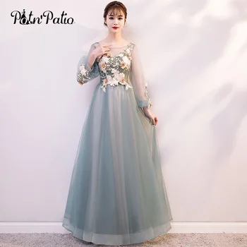 

Long Sleeves Prom Dresses 2020 Elegant Scoop Neck A-line Floor-length Appliques Flower Light Green Evening Gowns For Women