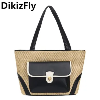 

DikizFly New Leather With Straw Shoulder Bag Women Handbag Big Beach Bag Casual Totes Hand Bags Ladies Shopping Travel Bags 2019