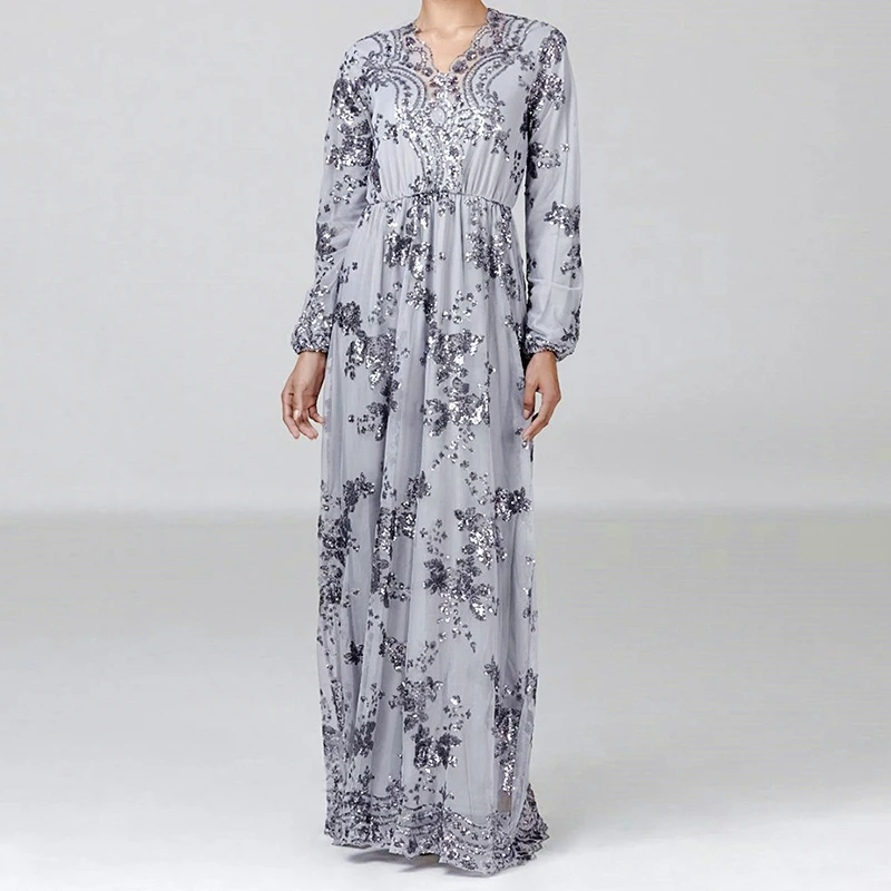 gray dress Sequin Abaya Arabic Muslim Dress Women Vestidos Hijab Robe Dubai Dress Kaftan Turkey Islamic Clothing Caftan Marocain Dresses - Цвет: gray dress