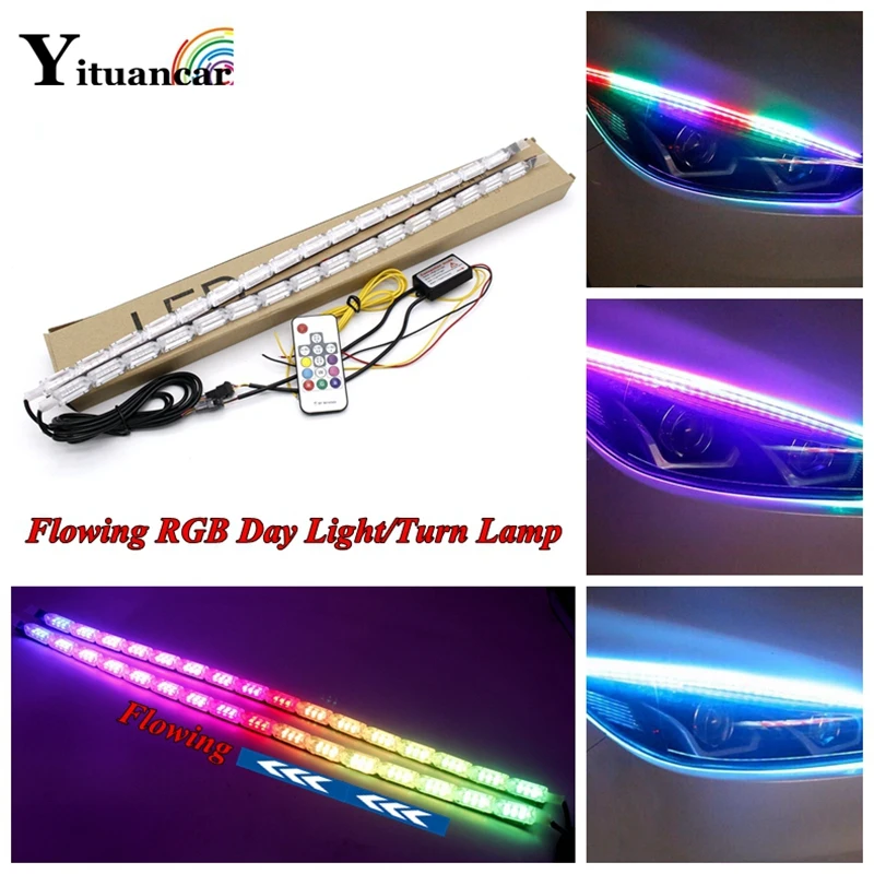 

Yituancar 2X Flexible RF Remote control Flowing RGB LED Daytime Running Light Strip 8 Models DRL Turn Signal Lamp For Headlight