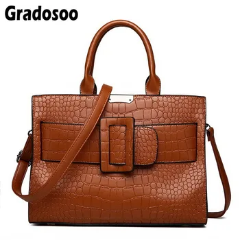 

Gradosoo Luxury Crocodile Handbags Women Famous Brand Designer Ladies Hand Bags Vintage Tote Bags Female Shoulder Bag LBF416