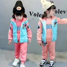 Зимние комплекты хлопковой одежды из плотного плюша комплект теплой одежды для девочек, толстовки с капюшоном для маленьких девочек+ штаны Детский костюм с Микки Маусом из 3 предметов детская одежда