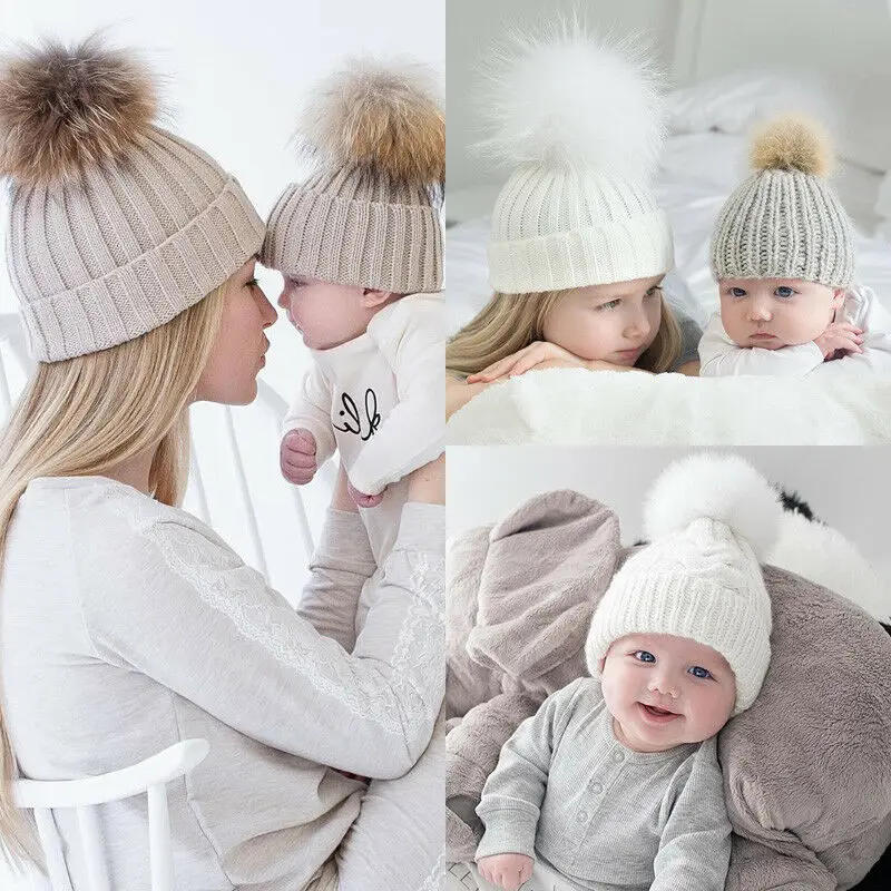 Родитель-Детские шапочки с помпоном теплый мех енота Bobble Mommy Beanie шапки Дети хлопок вязаный мама детская зимняя шапка шапки