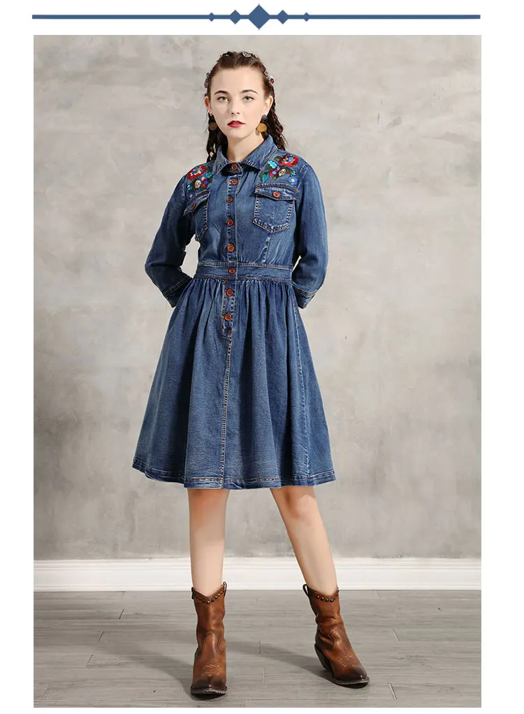 Женское платье Yuzi. may Boho новые джинсовые женские платья с отложным воротником Цветочная вышивка А-силуэта Vestidos A4917