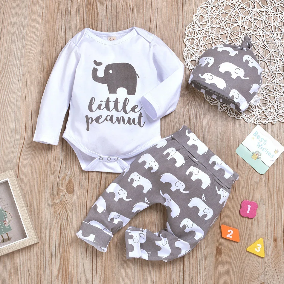 

Europe And America Baby Romper Onesie Baby Elephant Long Sleeve Triangle Baby Bodysuit Printed Elephant Full Deputy Trousers Hat