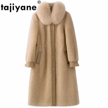 

Winter Natural Fur Coat Women Fox Fur Collar Clothes 2019 Korean Vintage Long Sheep Shearing Jacket Real Wool Coat Hiver HYT1987
